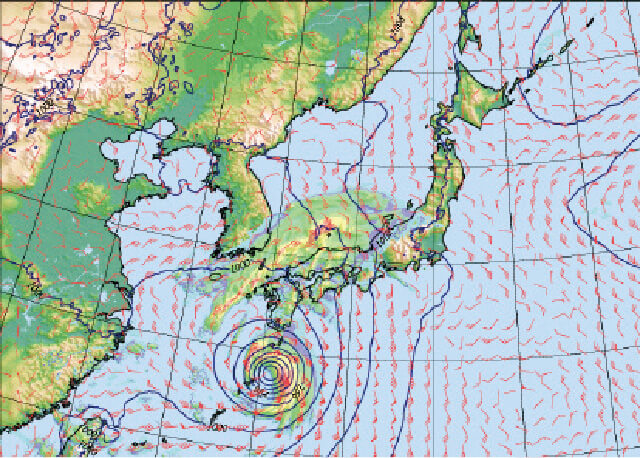 数値予報で求めた台風予想結果の例